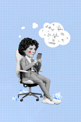 Vertical photo template collage of miniature absurd huge head boy sit armchair tablet device math...