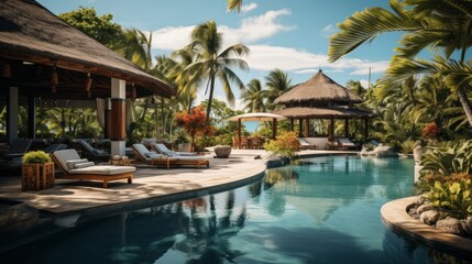 Fototapeta na wymiar Idyllic luxury resort offers tranquil poolside relaxation. Generative AI.