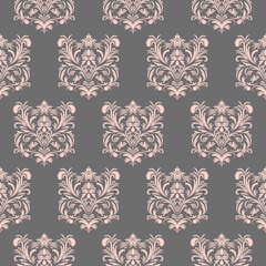 Damask floral pastel pink motif pattern on a grey background. Luxury wallpaper texture ornament decor. Baroque Textile, fabric, tiles.