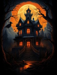 Halloween Castle. Cartoonized, Huge Moon and Orange Sky.