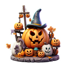 Front view of Halloween design elements of jack-o-lantern pumpkin and witches hat