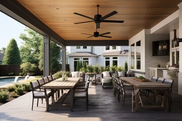 Fototapeta premium Exterior Design of a Modern House with a Relax Zone under a Veranda. Beautiful Garden and some Couches and Sofa.