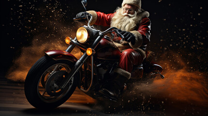 santa claus riding a motorcycle, christmas, generative ai - obrazy, fototapety, plakaty