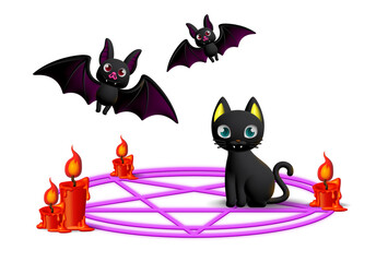 Holiday Halloween set of themed decorative elements for design. 3d objects in cartoon style. Bats with cat in magic circle.