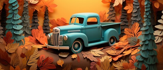 Cartoonized Truck in the Middle of a Forest during Autumn, Fall Season.