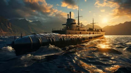 Fotobehang Lone retro nuclear war submarine sailing in the deep. Generative AI. © ProVector