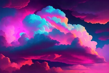 Dramatic clouds sky, neon light. AI generated illustration