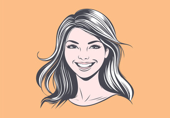 Vector smiling young beautiful pleasant lady with flying hair. Graphic portrait of a girl. Orange background.
