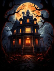 Fototapeta na wymiar Halloween Castle. Cartoonized, Huge Moon and Orange Sky.