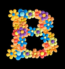 Floral letter B made of Plasticine flowers. Handmade, 3d, isolated vector illustration on a black background. Alphabet