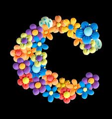 Floral letter C made of Plasticine flowers. Handmade, 3d, isolated vector illustration on a black background. Alphabet