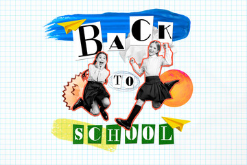 Photo billboard collage of two girls classmates jump back to school illustration shopping sale advert september isolated on plaid background