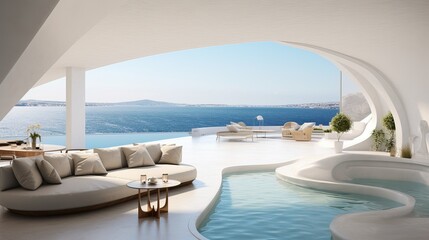 Obraz na płótnie Canvas Interior Design of a Luxurious Villa in Santorini near the Sea. Greece.