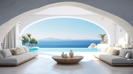 Obraz na płótnie Canvas Interior Design of a Luxurious Villa in Santorini near the Sea. Greece.