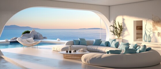 Interior Design of a Luxurious Villa in Santorini near the Sea. Greece. - obrazy, fototapety, plakaty