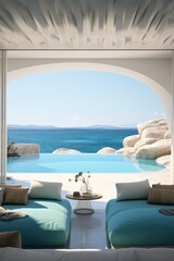 Fototapeta premium Interior Design of a Luxurious Villa in Santorini near the Sea. Greece.