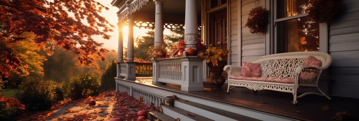 Beautiful Entrance of a Big House during the Fall Season, Autumn. Orange Leafs on the Ground.