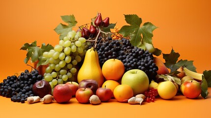 Naklejka na ściany i meble Professional Composit of some Autumnal Fruit over an Orange Background.