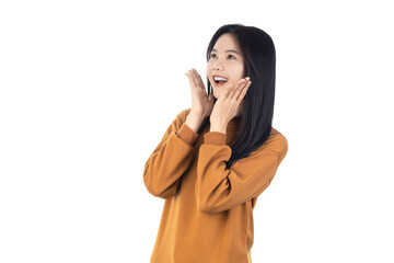 Asian young woman smiling, happiness and surprise isolated on white background with clipping path. Expression shock price or mockup for display discount product.