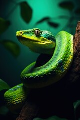 Fototapeta premium Amazing Shot of a Dangerous Green Snake over a Tropical Background.