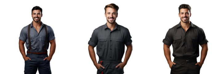 Joyful attractive repairer in shirt and overall posing for a full size fullbody portrait and looking at the camera