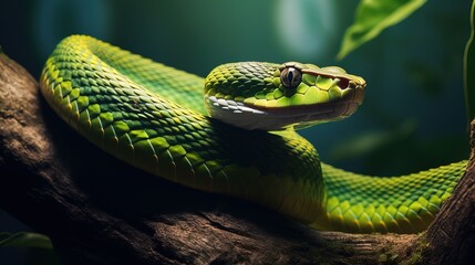 Amazing Shot of a Dangerous Green Snake over a Tropical Background.
