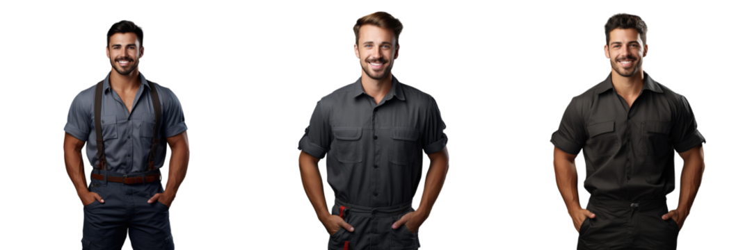 Joyful attractive repairer in shirt and overall posing for a full size fullbody portrait and looking at the camera - Powered by Adobe