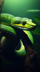 Amazing Shot of a Dangerous Green Snake over a Tropical Background.
