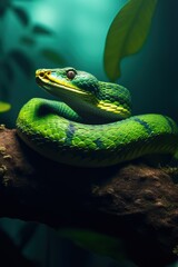 Amazing Shot of a Dangerous Green Snake over a Tropical Background.