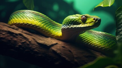 Fototapeta premium Amazing Shot of a Dangerous Green Snake over a Tropical Background.
