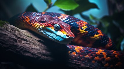 Fototapeta premium Amazing Shot of a Colorful Snake over a Tropical Background.