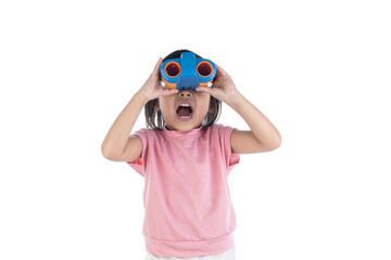 Happy kid looking ahead. Asian kids with Colorful Binoculars Isolated On White Background with...