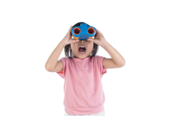 Happy kid looking ahead. Asian kids with Colorful Binoculars Isolated On White Background with clipping path. Children's toy.