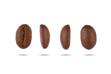 Set of coffee beans close-up in different positions isolated on white background with clipping path.