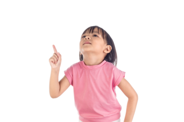 Little Asian girl posing finger pointing up isolated on white background with clipping path. Back to school.
