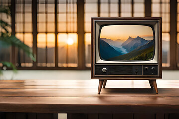 Fototapeta premium Vector 3d Realistic Retro TV Receiver on a Wooden Table Stand. Home Interior Design Concept. Vintage TV Set on the Wooden Floor. Television, Front View
