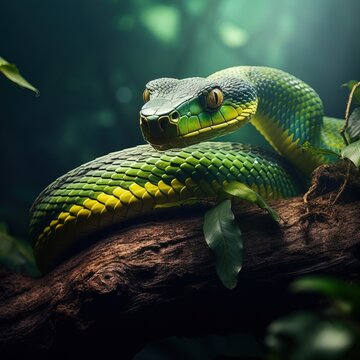 Amazing Shot of a Dangerous Green Snake over a Tropical Background.