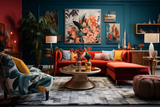 modern maximalist living room interior, eclectic.