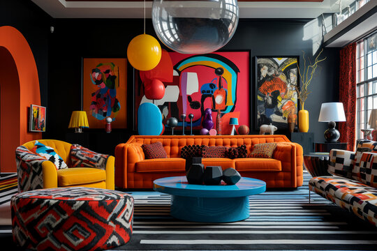 modern maximalist living room interior, eclectic.