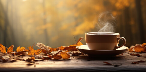 Naklejka na ściany i meble A cup of coffee on a wooden table against an autumnal backdrop