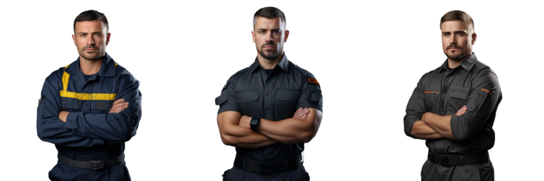 Uniformed male worker posing with crossed arms on transparent background - Powered by Adobe