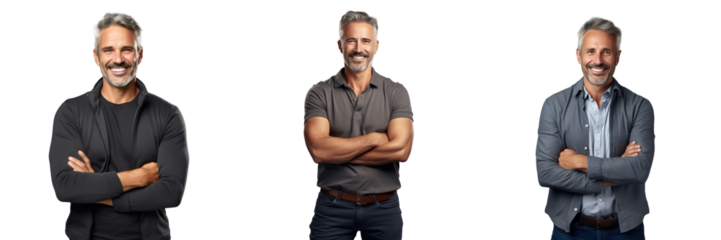 Portrait of mature man with confident and happy expression hands folded on transparent background