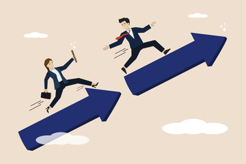 Business baton passing, job handover or teamwork to win business concept, coworkers passing the baton while running at full speed to achieve success together.