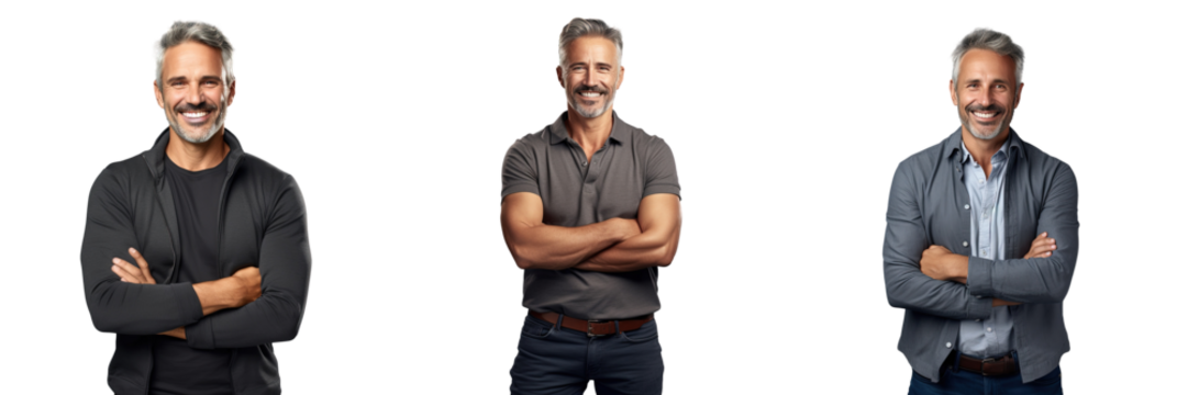 Portrait of mature man with confident and happy expression hands folded on transparent background