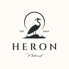 wildlife heron vintage logo vector minimalist illustration design, heron with nature view logo design