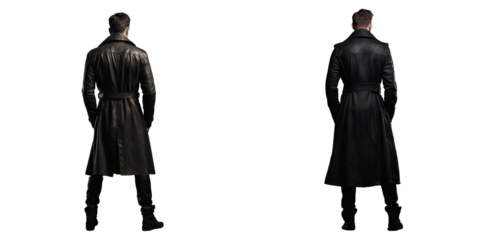 Silhouetted male model wearing black leather coat in studio