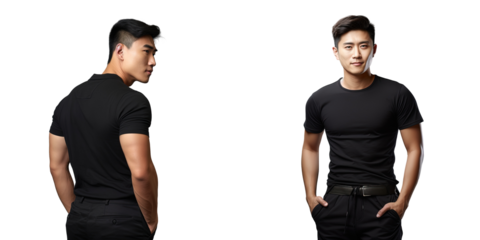 A young Asian male in a black polo shirt experiences isolated lower back discomfort on a transparent background