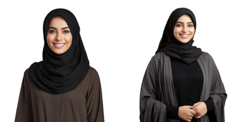 Smiling Muslim woman in traditional attire standing confidently with crossed hands on transparent background Middle Eastern culture depicted