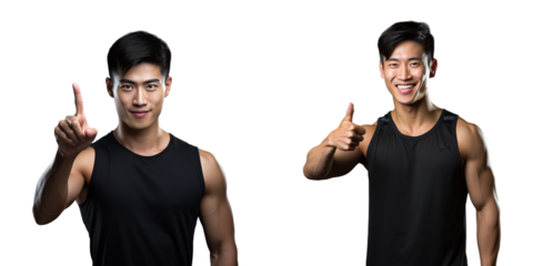 Asian fitness men posing with hand gesture against transparent background