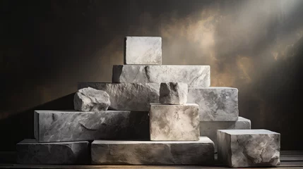 Rolgordijnen 3d rendering of a podium made of stone on a dark background © Kepler